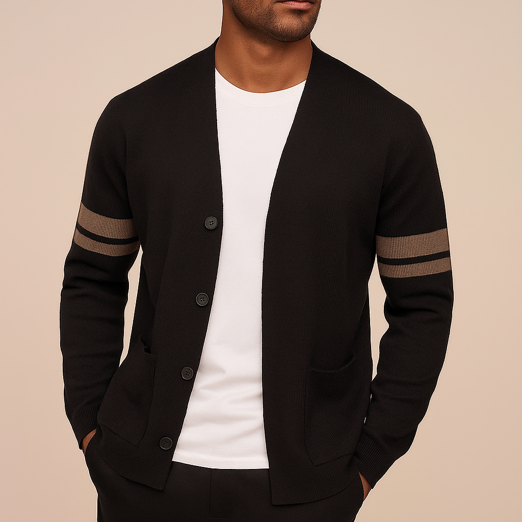 Knit Cardigan Men's Sage Green Button-Front Sweater with Stripe Sleeves – Casual, Office