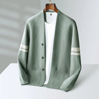 Knit Cardigan Men's Sage Green Button-Front Sweater with Stripe Sleeves – Casual, Office