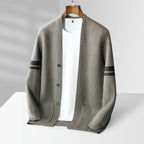 Knit Cardigan Men's Sage Green Button-Front Sweater with Stripe Sleeves – Casual, Office