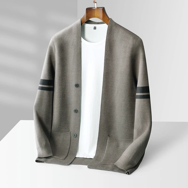 Knit Cardigan Men's Sage Green Button-Front Sweater with Stripe Sleeves – Casual, Office