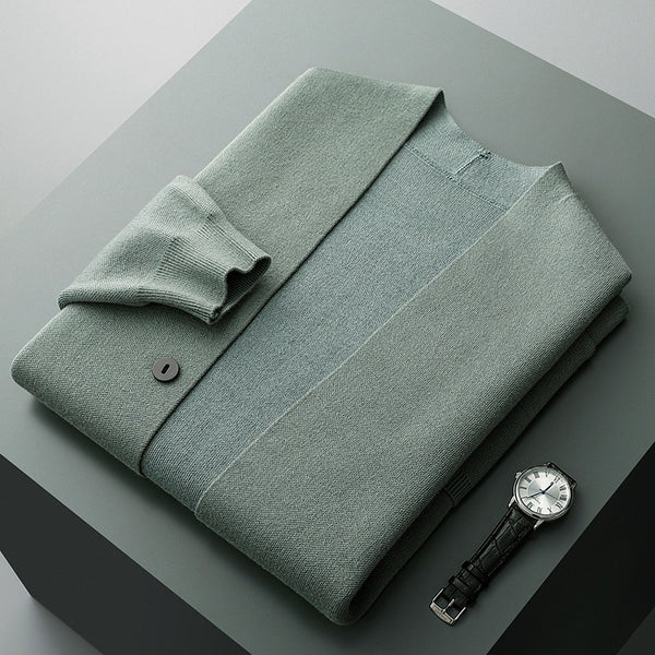 Knit Cardigan Men's Sage Green Button-Front Sweater with Stripe Sleeves – Casual, Office