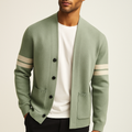 Knit Cardigan Men's Sage Green Button-Front Sweater with Stripe Sleeves – Casual, Office