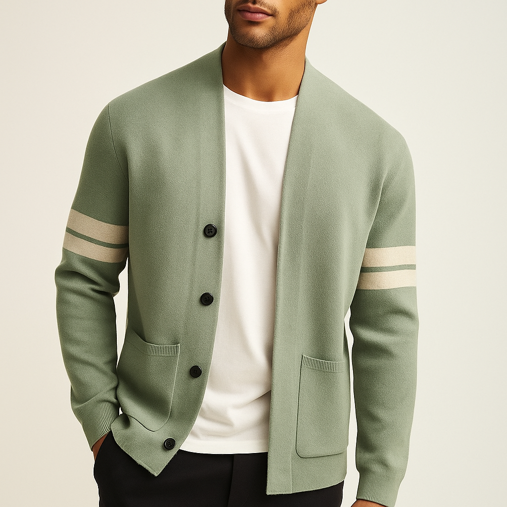 Knit Cardigan Men's Sage Green Button-Front Sweater with Stripe Sleeves – Casual, Office