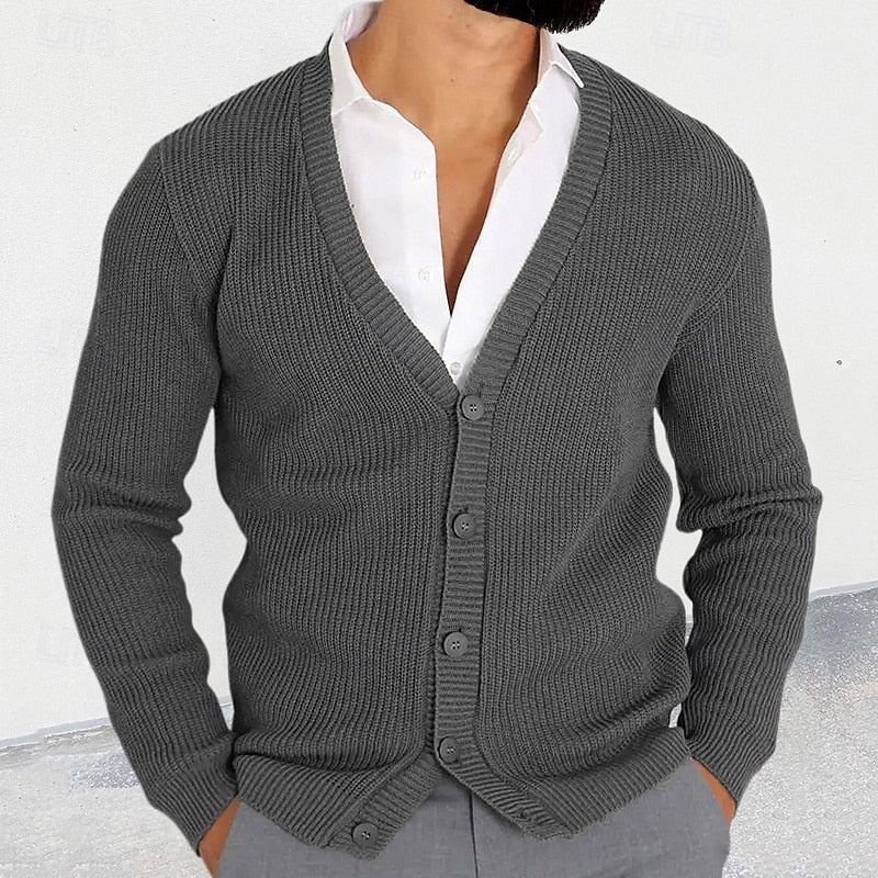 Knit Cardigan Men's V-Neck Button-Down Long Sleeve Black Sweater – Casual, Office, Gift