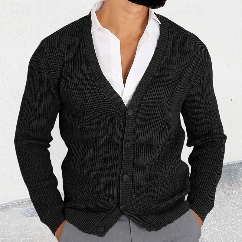 Knit Cardigan Men's V-Neck Button-Down Long Sleeve Black Sweater – Casual, Office, Gift