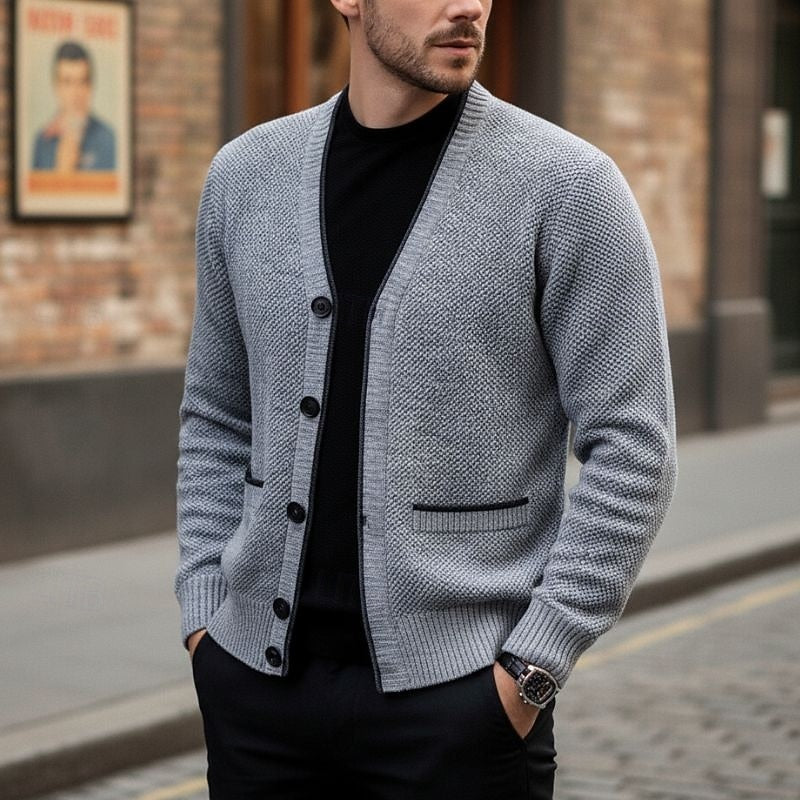 Knit Cardigan Men's V-Neck Button-Front Sweater Gray – Casual, Office, Holiday Gift