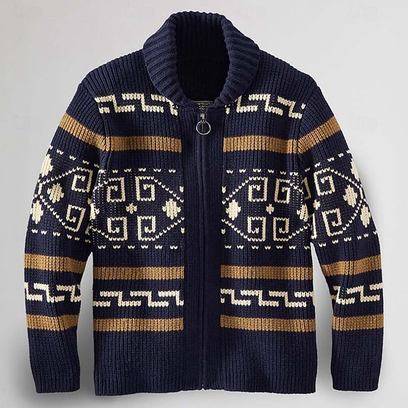 Knit Cardigan Men's Zip-Up Shawl Collar Aztec Geometric Pattern Sweater – Casual, Fall Winter Layering