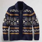 Knit Cardigan Men's Zip-Up Shawl Collar Aztec Geometric Pattern Sweater – Casual, Fall Winter Layering
