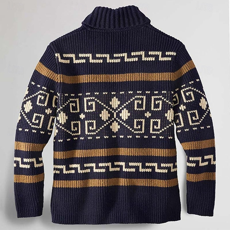 Knit Cardigan Men's Zip-Up Shawl Collar Aztec Geometric Pattern Sweater – Casual, Fall Winter Layering