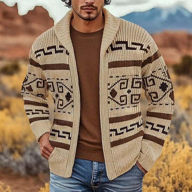 Knit Cardigan Men's Zip-Up Shawl Collar Aztec Geometric Pattern Sweater – Casual, Fall Winter Layering