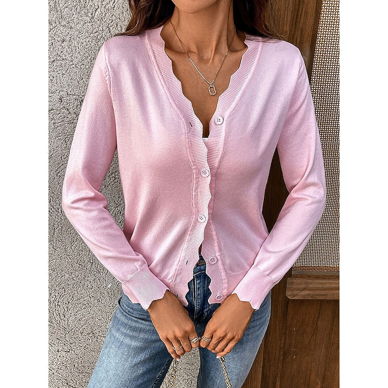 Knit Cardigan Scalloped Button-Front Women's Pink Long Sleeve Sweater – Casual, Office, Layering, Gift