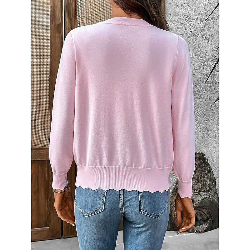 Knit Cardigan Scalloped Button-Front Women's Pink Long Sleeve Sweater – Casual, Office, Layering, Gift