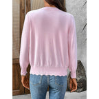 Knit Cardigan Scalloped Button-Front Women's Pink Long Sleeve Sweater – Casual, Office, Layering, Gift