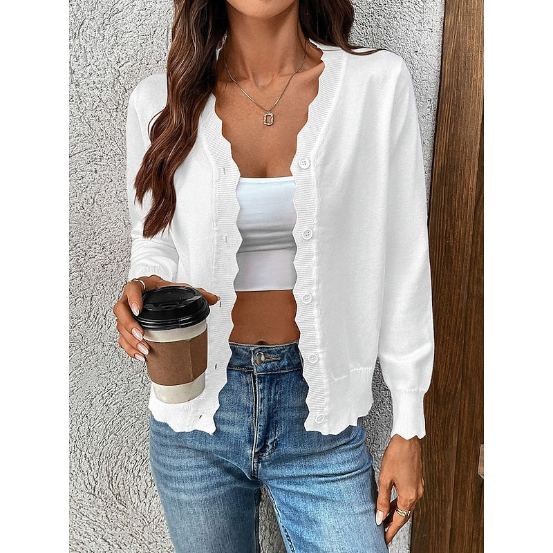 Knit Cardigan Scalloped Button-Front Women's Pink Long Sleeve Sweater – Casual, Office, Layering, Gift
