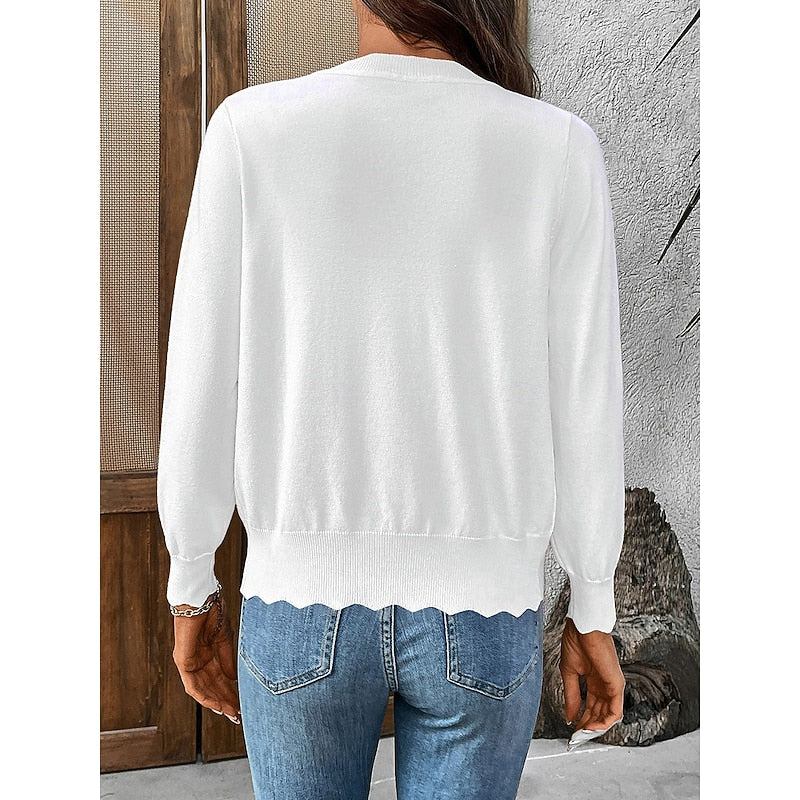 Knit Cardigan Scalloped Button-Front Women's Pink Long Sleeve Sweater – Casual, Office, Layering, Gift
