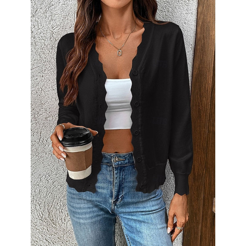 Knit Cardigan Scalloped Button-Front Women's Pink Long Sleeve Sweater – Casual, Office, Layering, Gift