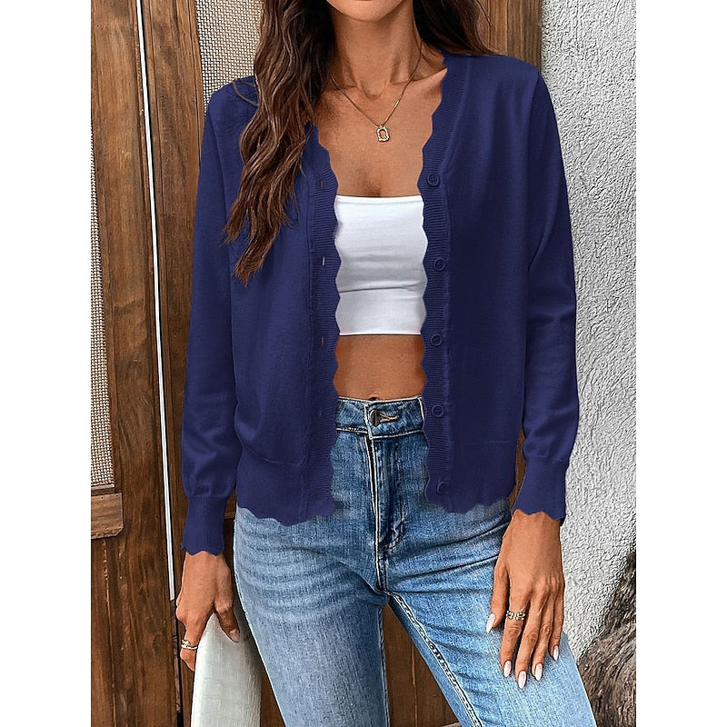 Knit Cardigan Scalloped Button-Front Women's Pink Long Sleeve Sweater – Casual, Office, Layering, Gift