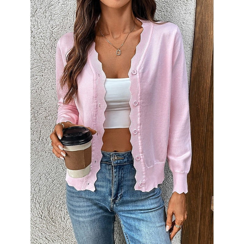 Knit Cardigan Scalloped Button-Front Women's Pink Long Sleeve Sweater – Casual, Office, Layering, Gift