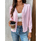 Knit Cardigan Scalloped Button-Front Women's Pink Long Sleeve Sweater – Casual, Office, Layering, Gift