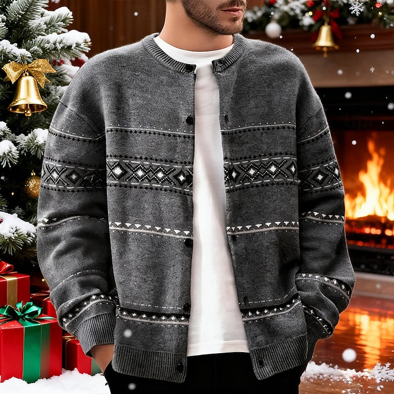 Knit Cardigan Sweater Men's Fair Isle Button Front Christmas Pattern – Casual, Holiday Gift