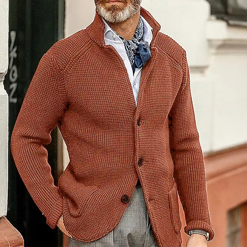 Knit Cardigan Sweater Men's Stand Collar Button-Up Navy Textured – Casual, Office, Gift