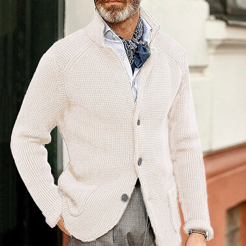 Knit Cardigan Sweater Men's Stand Collar Button-Up Navy Textured – Casual, Office, Gift