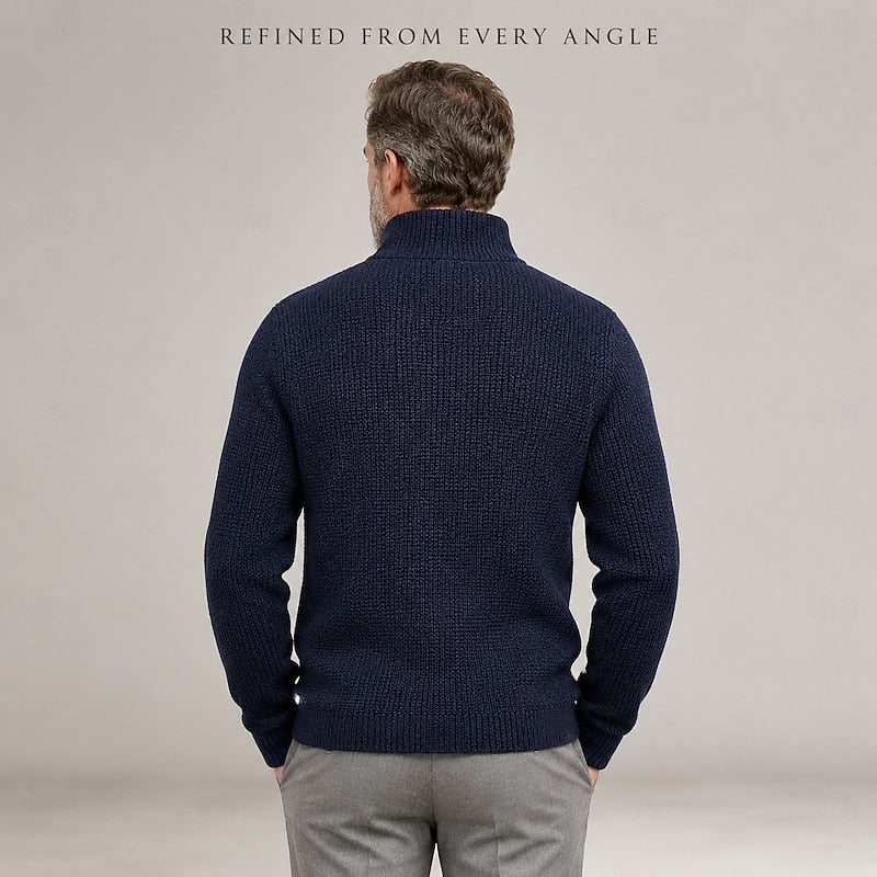 Knit Cardigan Sweater Men's Stand Collar Button-Up Navy Textured – Casual, Office, Gift