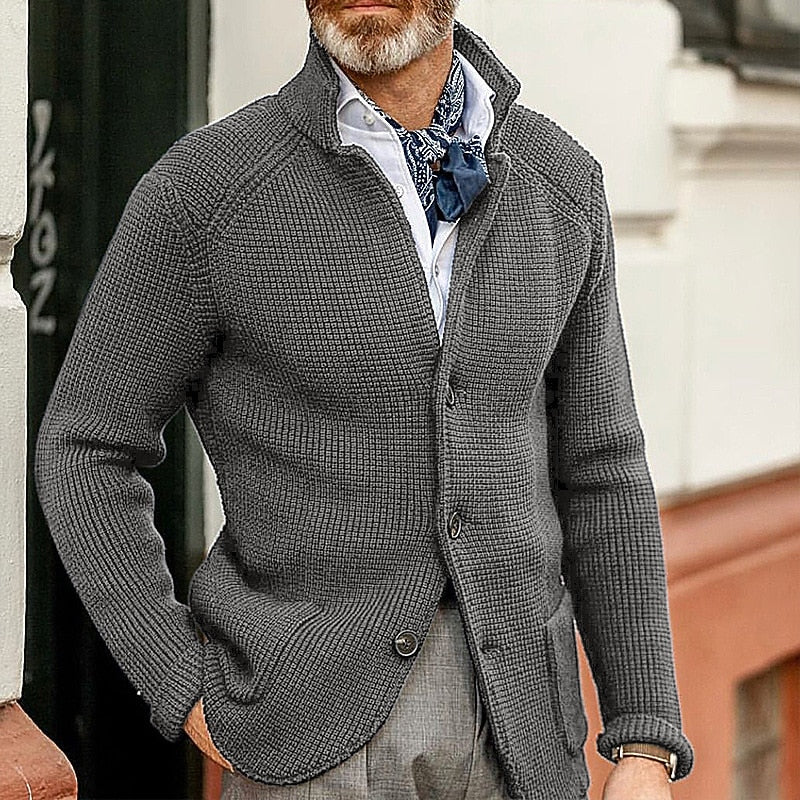 Knit Cardigan Sweater Men's Stand Collar Button-Up Navy Textured – Casual, Office, Gift
