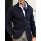 Knit Cardigan Sweater Men's Stand Collar Button-Up Navy Textured – Casual, Office, Gift