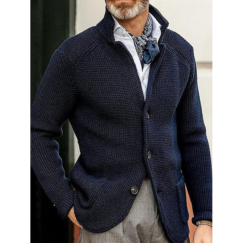 Knit Cardigan Sweater Men's Stand Collar Button-Up Navy Textured – Casual, Office, Gift