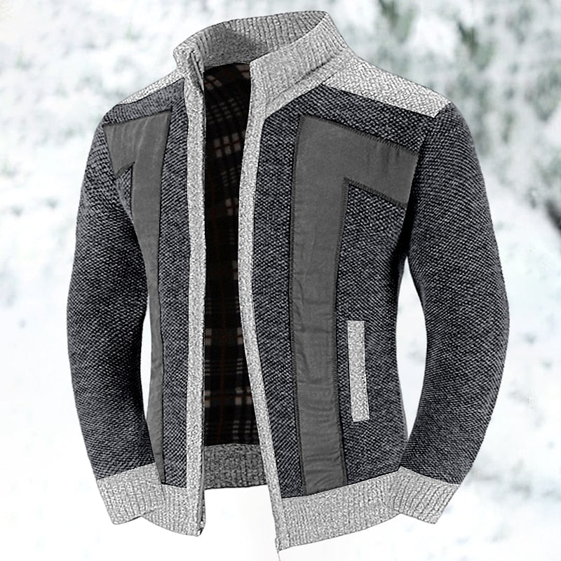 Knit Cardigan Sweater Men's Stand Collar Zip-Up Jacket with Chest Pocket – Casual, Office, Winter, Gift