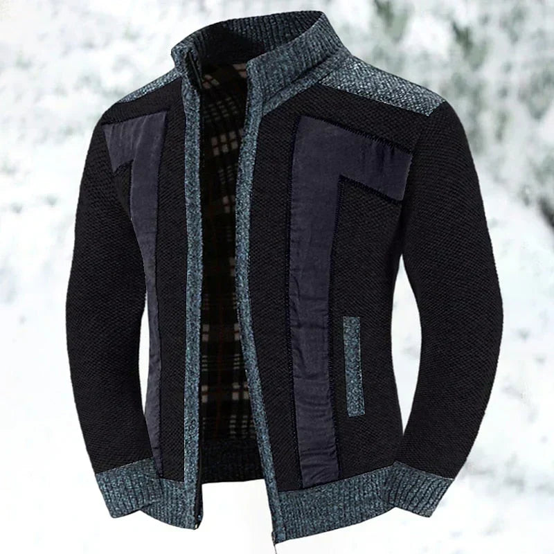 Knit Cardigan Sweater Men's Stand Collar Zip-Up Jacket with Chest Pocket – Casual, Office, Winter, Gift