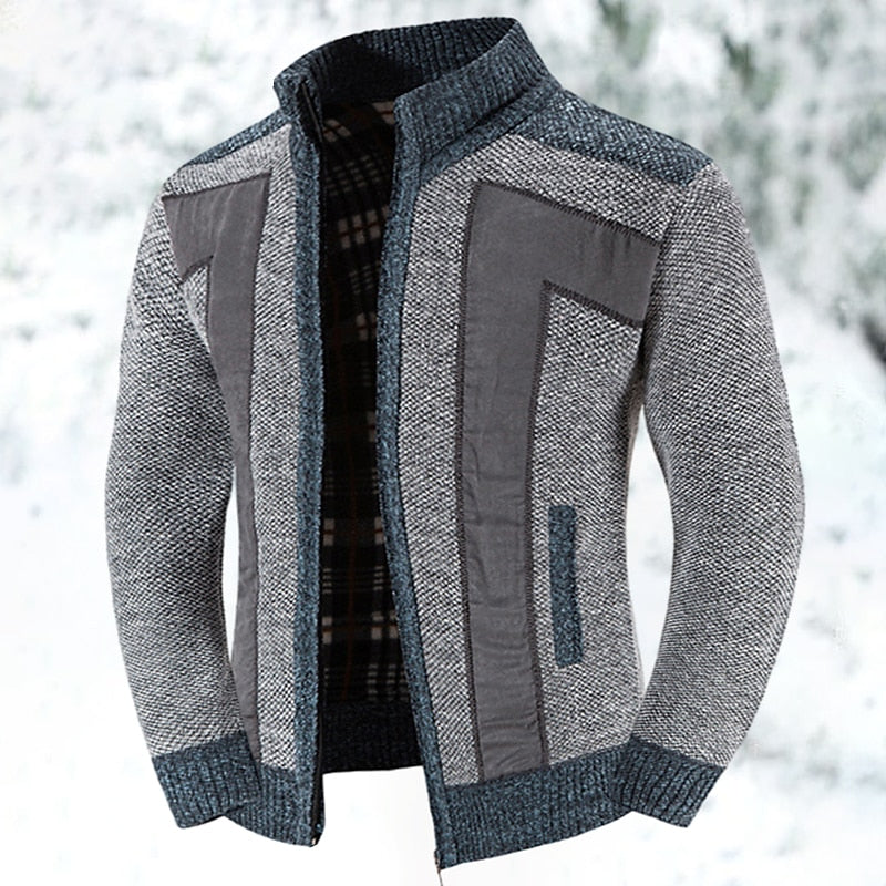 Knit Cardigan Sweater Men's Stand Collar Zip-Up Jacket with Chest Pocket – Casual, Office, Winter, Gift