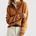 Knit Cardigan Women's Collared Button-Up Long Sleeve Sweater Beige – Casual, Office, Gift