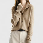 Knit Cardigan Women's Collared Button-Up Long Sleeve Sweater Beige – Casual, Office, Gift