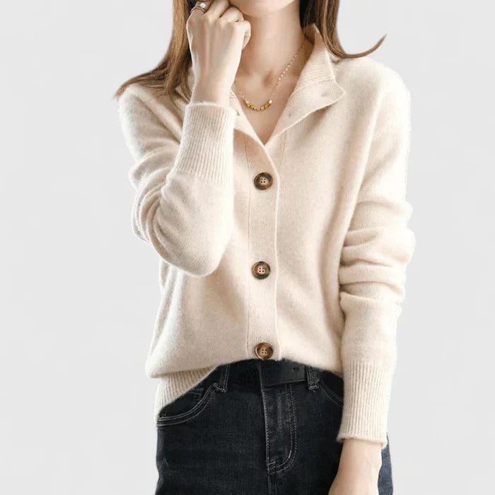 Knit Cardigan Women's Collared Button-Up Long Sleeve Sweater Beige – Casual, Office, Gift