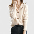 Knit Cardigan Women's Collared Button-Up Long Sleeve Sweater Beige – Casual, Office, Gift