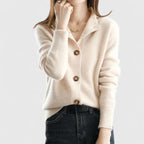 Knit Cardigan Women's Collared Button-Up Long Sleeve Sweater Beige – Casual, Office, Gift