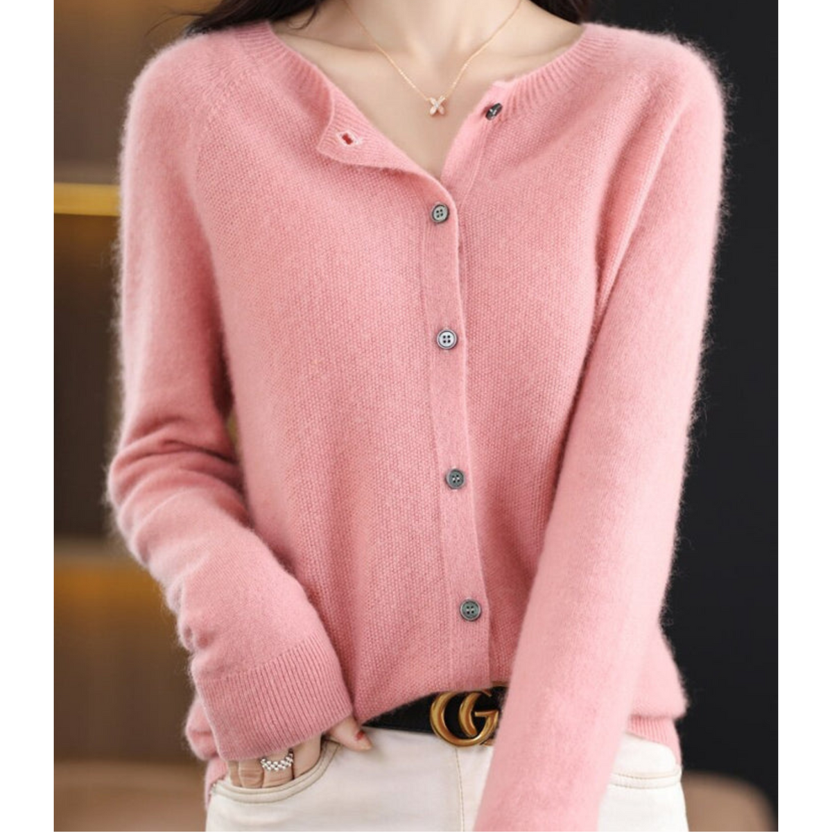 Knit Cardigan Women's Rose Pink Button-Up Round Neck Long Sleeve – Office, Holiday, Gift