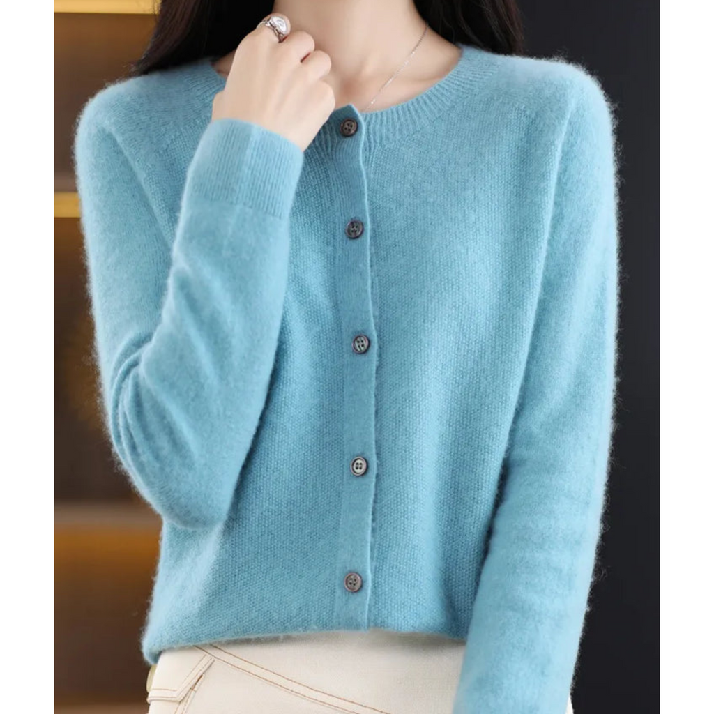 Knit Cardigan Women's Rose Pink Button-Up Round Neck Long Sleeve – Office, Holiday, Gift