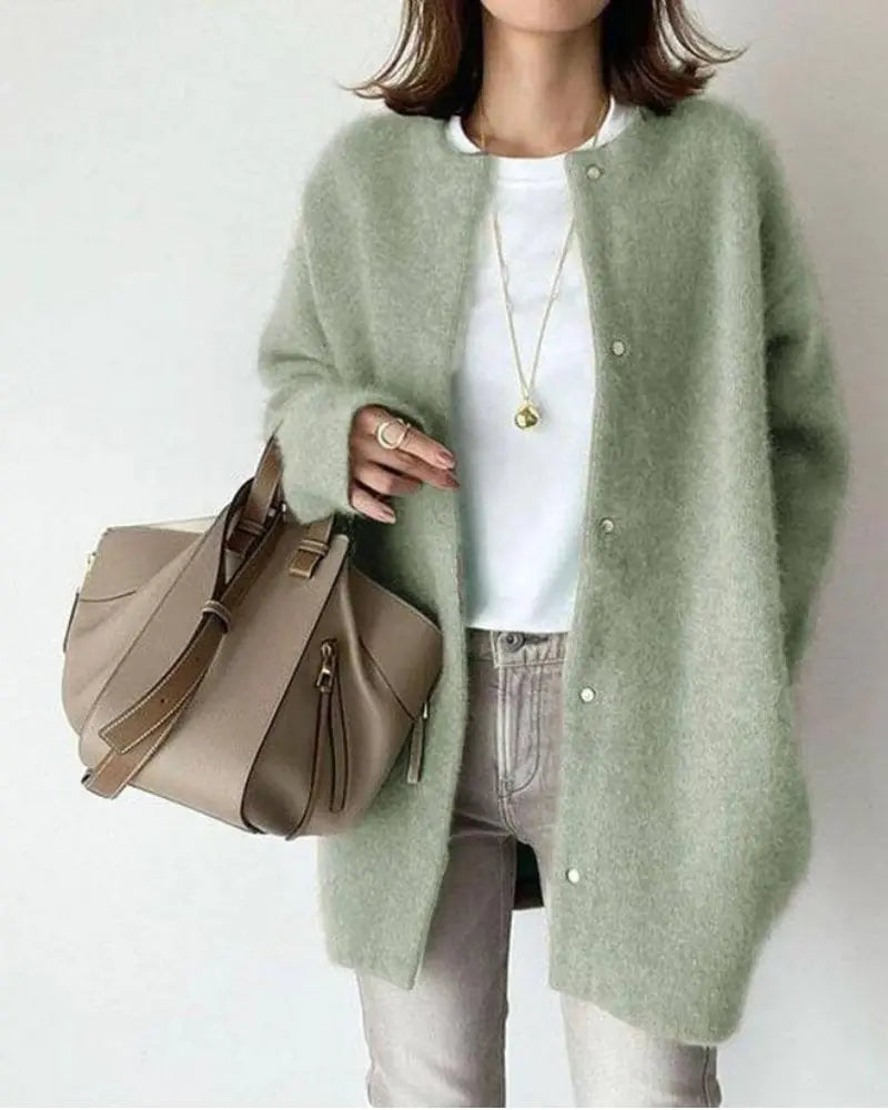 Knit Cardigan Women's Round Neck Snap-Front Long Sweater – Casual, Office, Layering, Gift