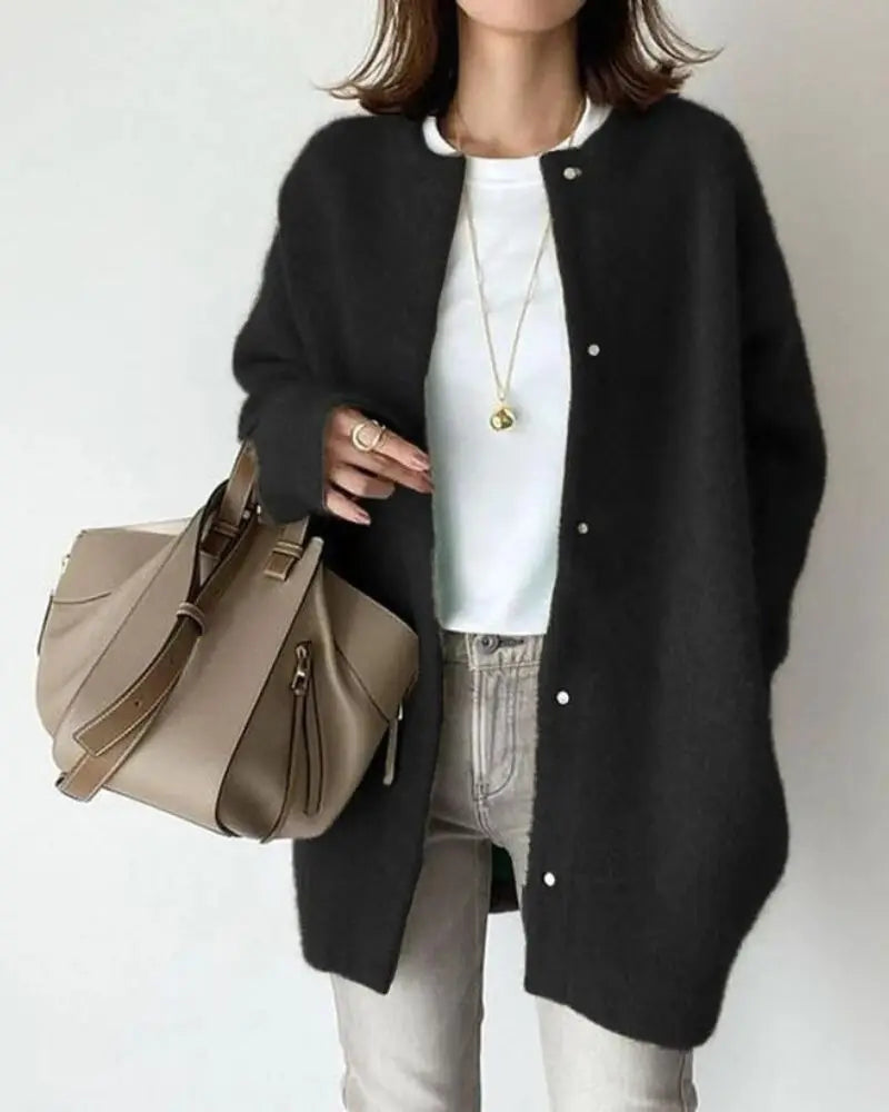 Knit Cardigan Women's Round Neck Snap-Front Long Sweater – Casual, Office, Layering, Gift