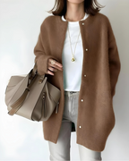 Knit Cardigan Women's Snap Button Beige Oversized Collarless Sweater – Casual, Office, Holiday, Gift