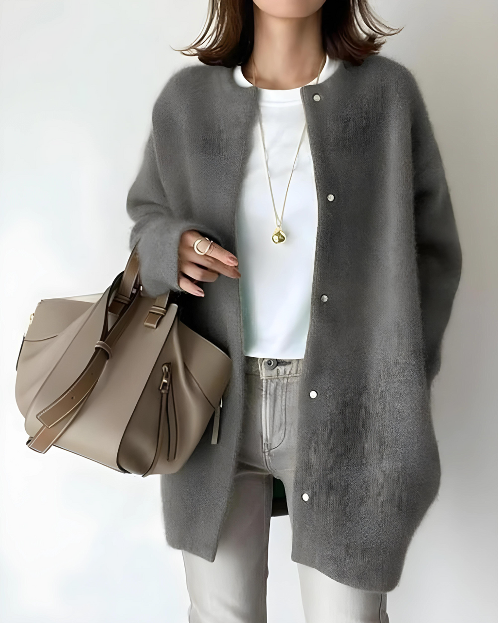 Knit Cardigan Women's Snap Button Beige Oversized Collarless Sweater – Casual, Office, Holiday, Gift