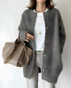 Knit Cardigan Women's Snap Button Beige Oversized Collarless Sweater – Casual, Office, Holiday, Gift