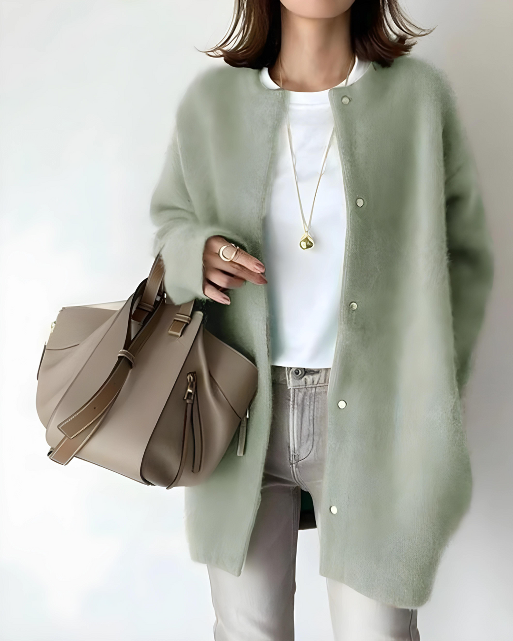 Knit Cardigan Women's Snap Button Beige Oversized Collarless Sweater – Casual, Office, Holiday, Gift