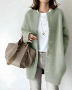 Knit Cardigan Women's Snap Button Beige Oversized Collarless Sweater – Casual, Office, Holiday, Gift