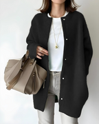 Knit Cardigan Women's Snap Button Beige Oversized Collarless Sweater – Casual, Office, Holiday, Gift