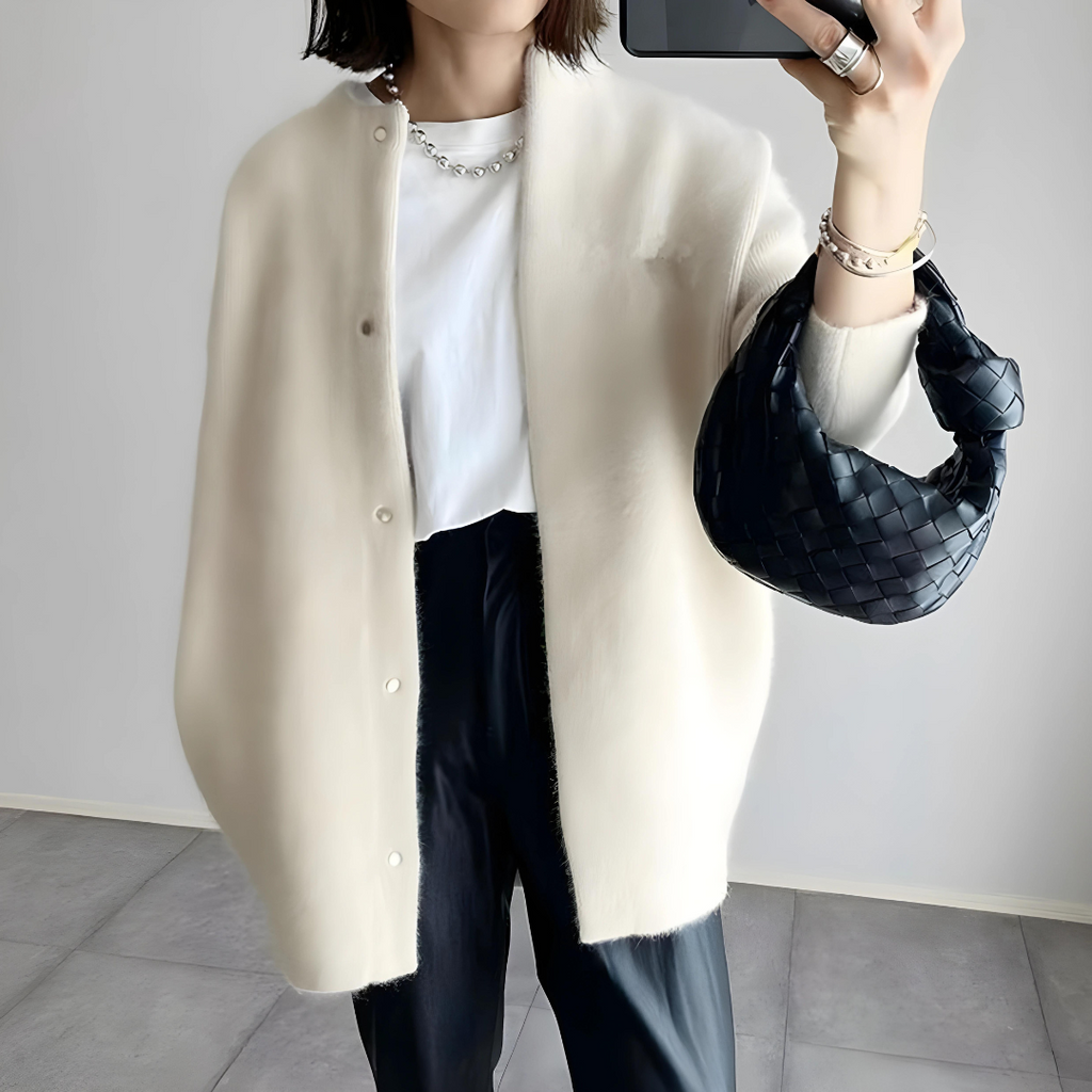 Knit Cardigan Women's Snap Button Beige Oversized Collarless Sweater – Casual, Office, Holiday, Gift