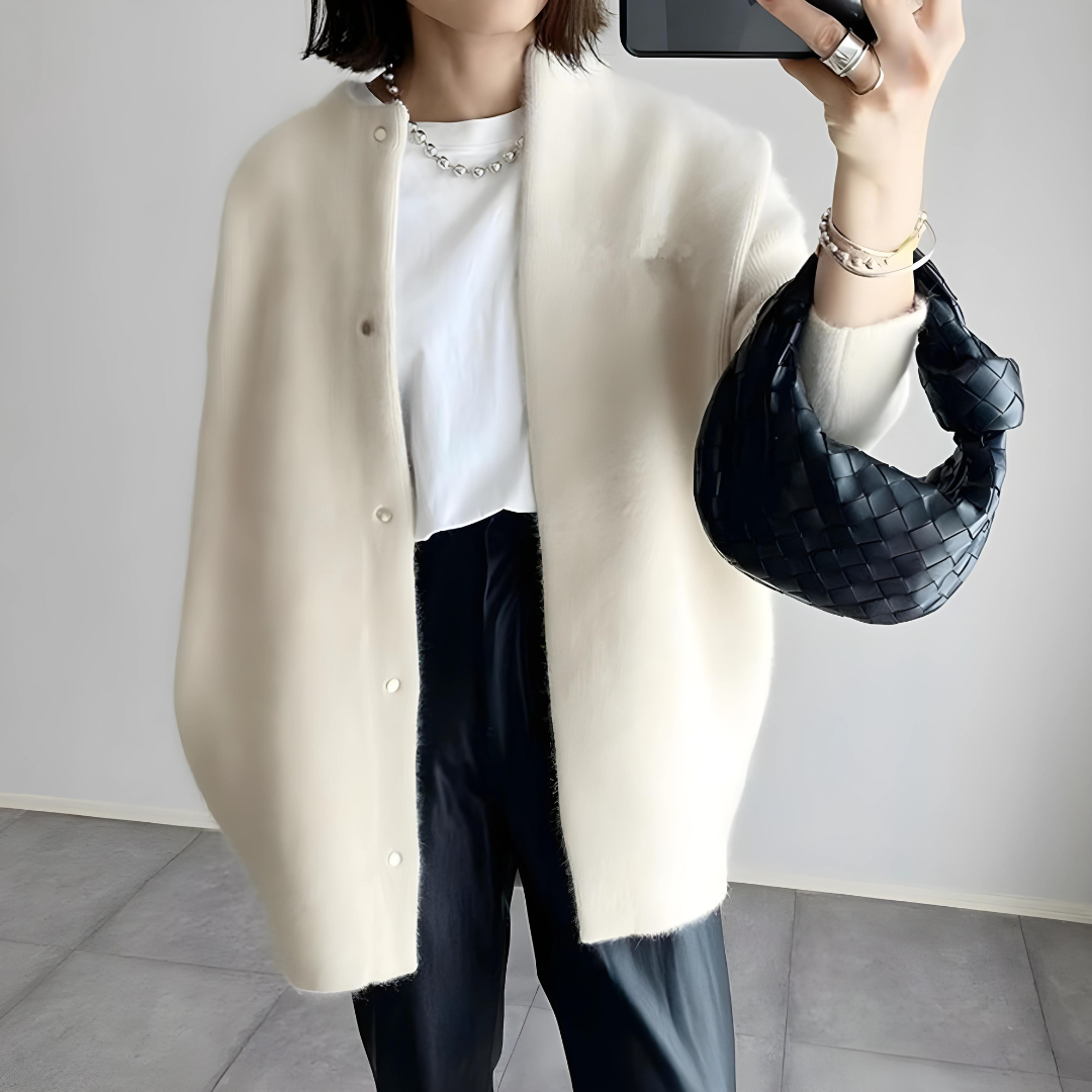 Knit Cardigan Women's Snap Button Beige Oversized Collarless Sweater – Casual, Office, Holiday, Gift